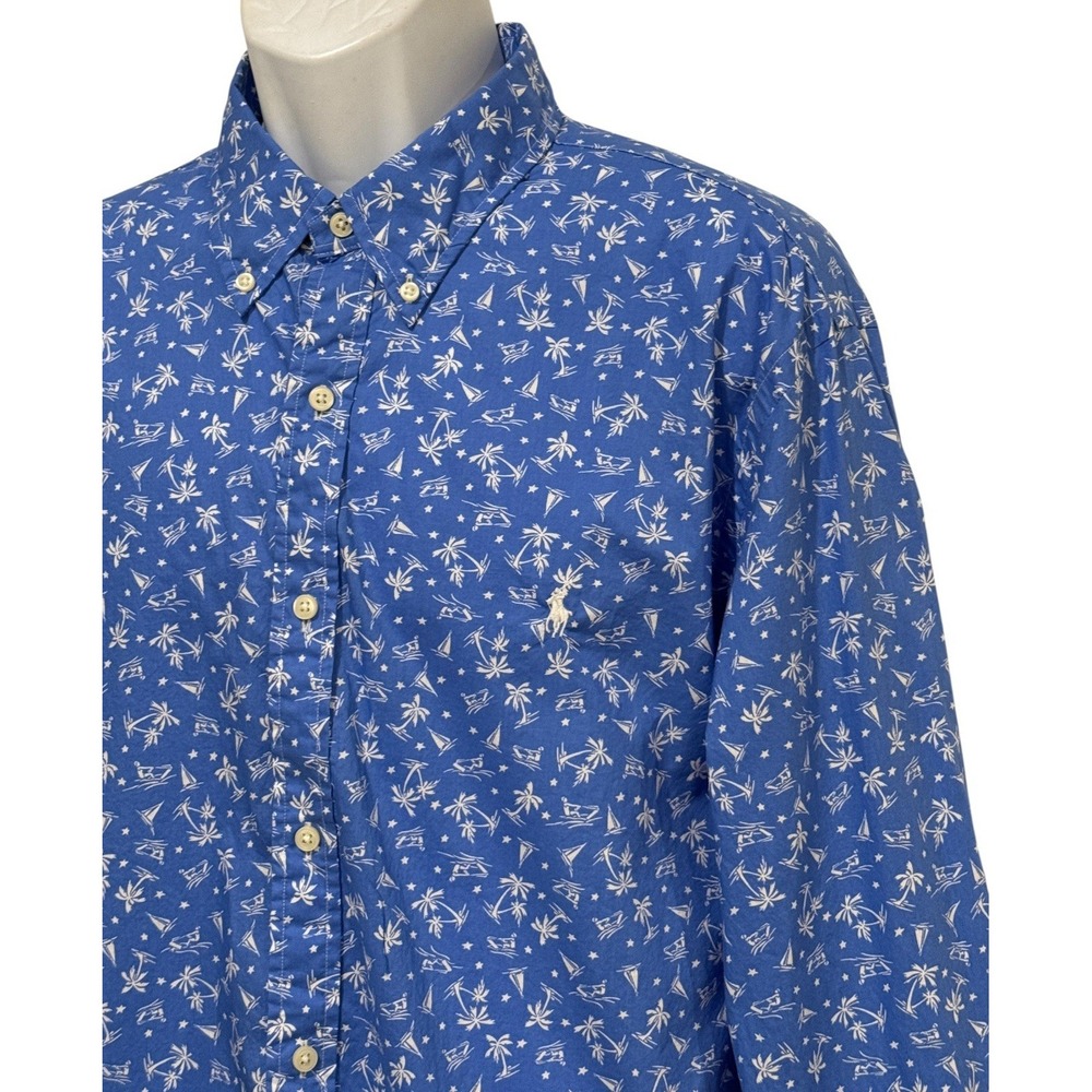 Ralph Lauren Men Shirt Button XXL Slim Blue Stretch‎ Sailboat Palm Trees Jet Ski